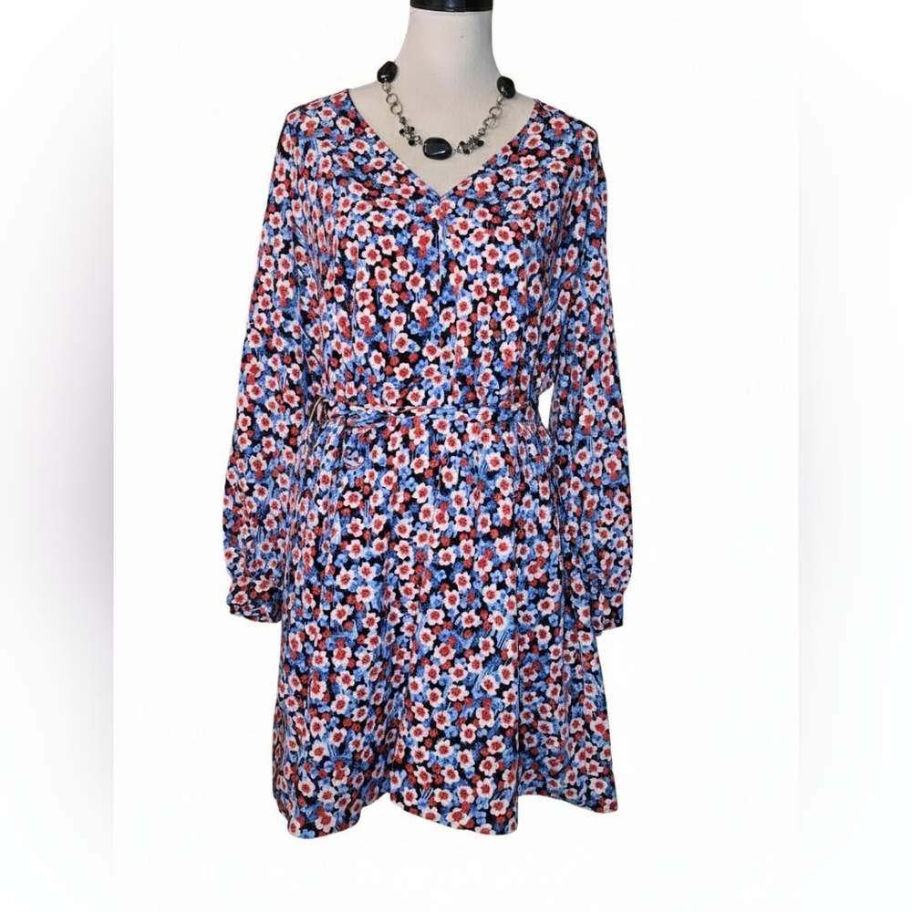 POPSUGAR Vibrant Blue and Red Floral Long Sleeve Dress